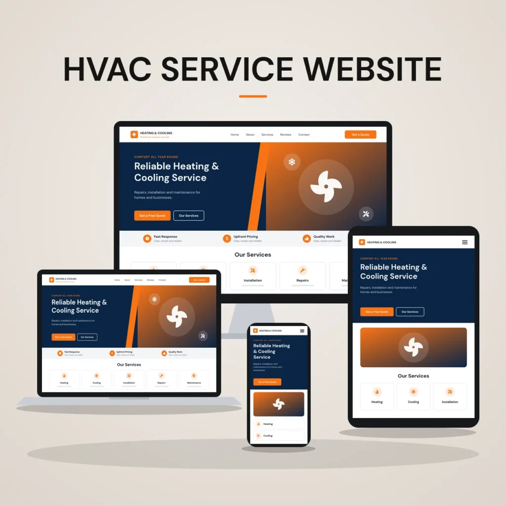 Concept mockup of an HVAC service website shown on desktop, laptop, tablet and phone