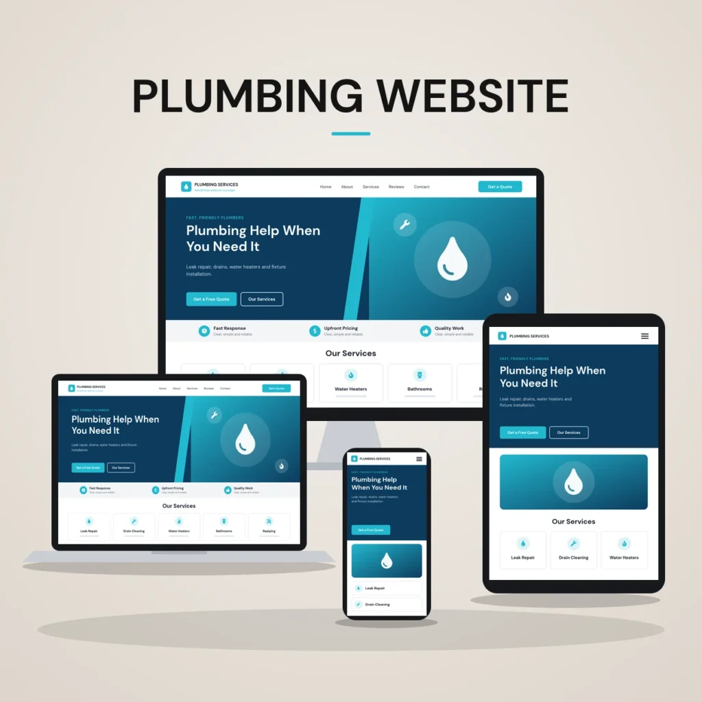 Concept mockup of a plumbing website shown on desktop, laptop, tablet and phone