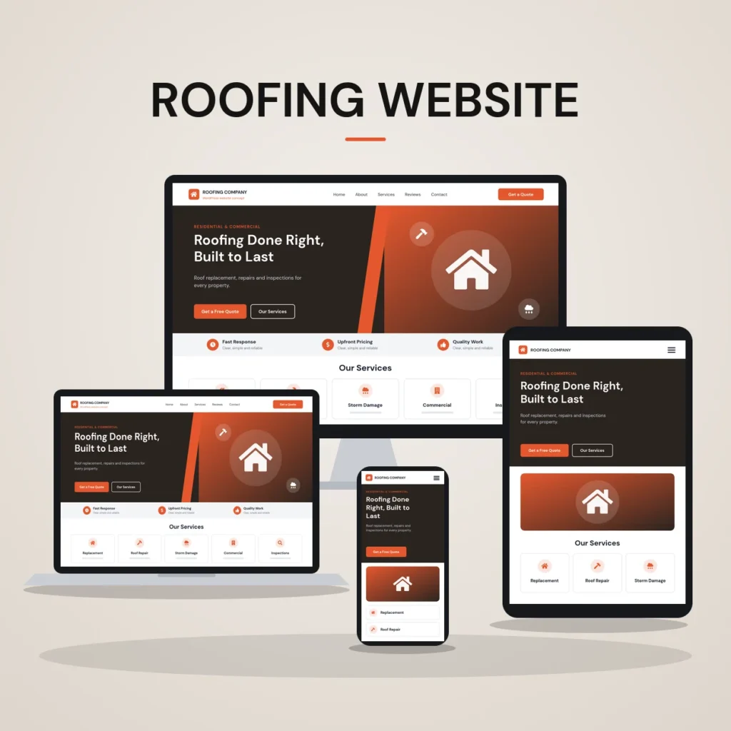 Concept mockup of a roofing website shown on desktop, laptop, tablet and phone