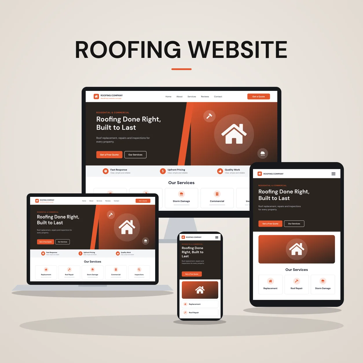 Concept mockup of a roofing website shown on desktop, laptop, tablet and phone