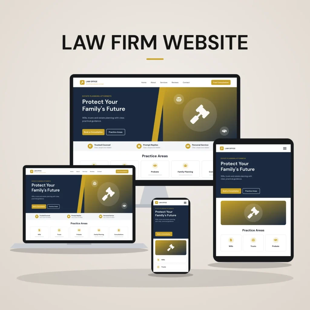 Concept mockup of a law firm website shown on desktop, laptop, tablet and phone