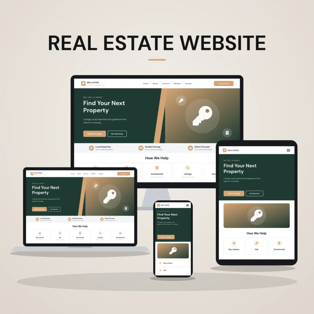 Concept mockup of a real estate website shown on desktop, laptop, tablet and phone