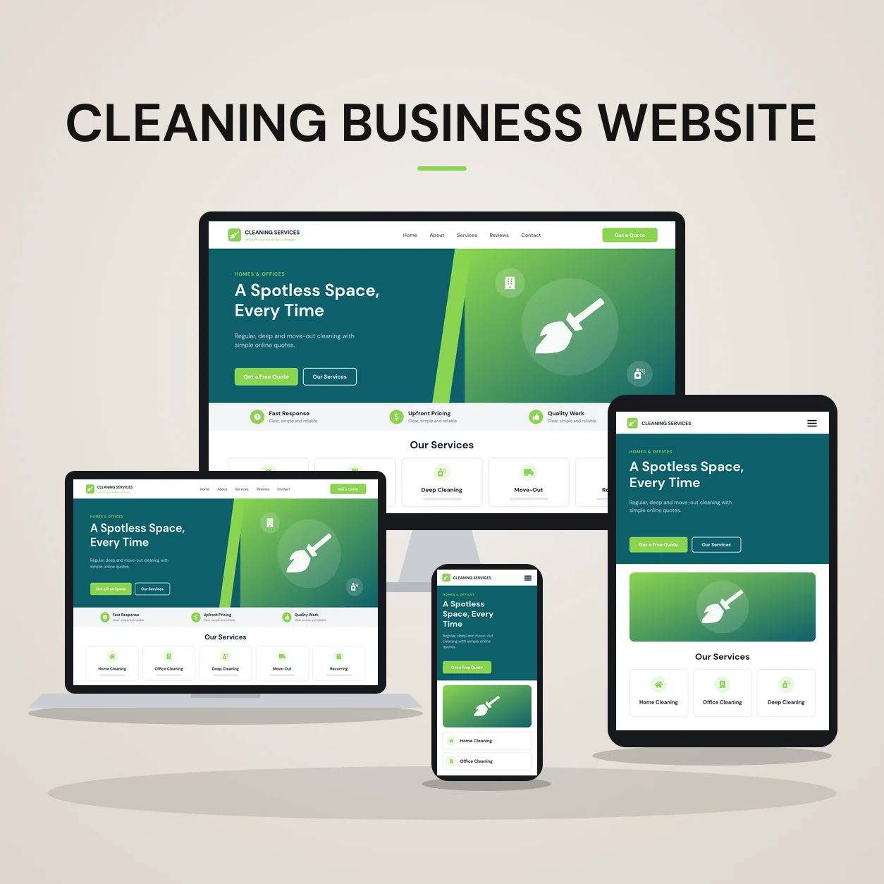 Concept mockup of a cleaning business website shown on desktop, laptop, tablet and phone