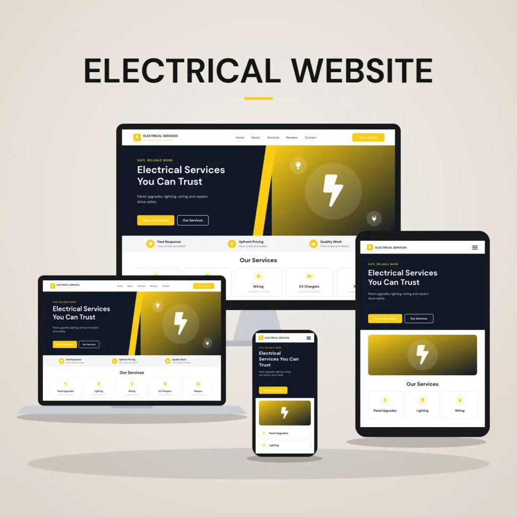 Concept mockup of an electrical services website shown on desktop, laptop, tablet and phone