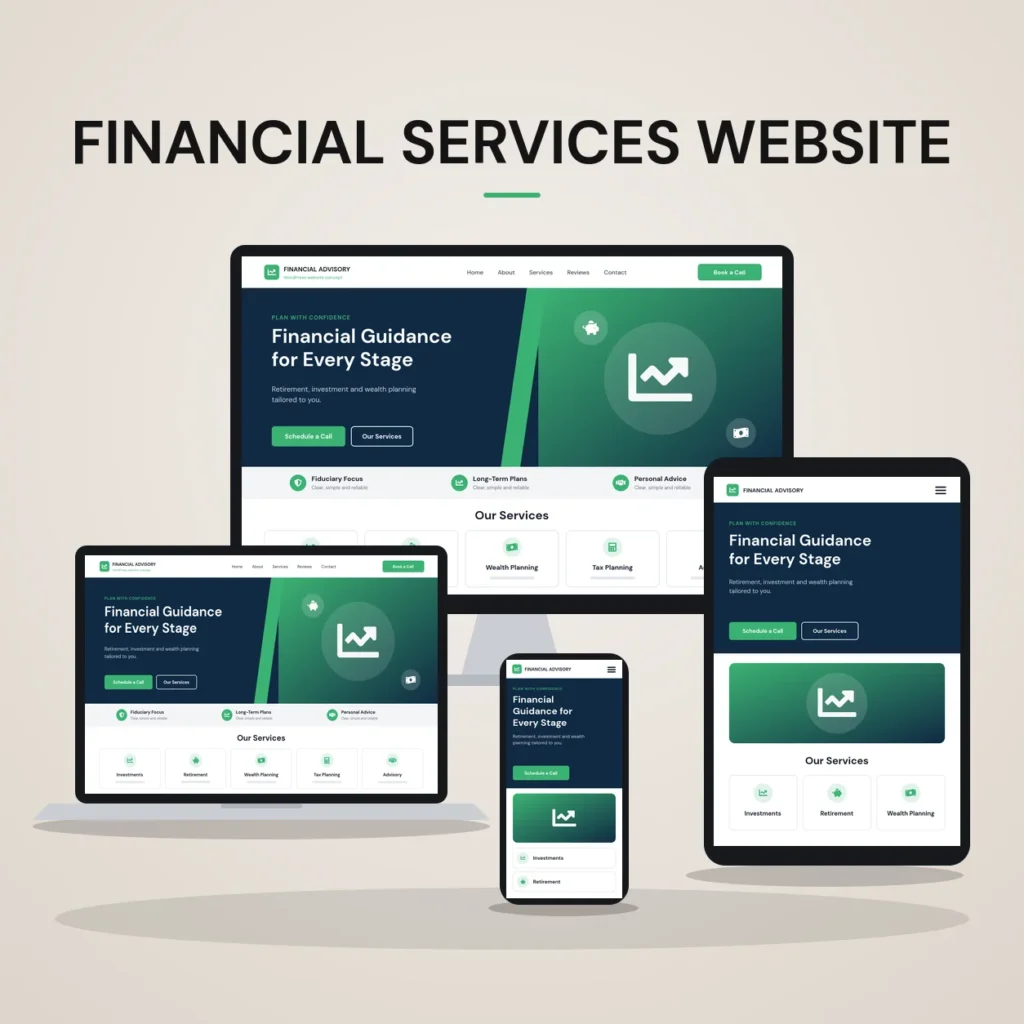 Concept mockup of a financial services website shown on desktop, laptop, tablet and phone