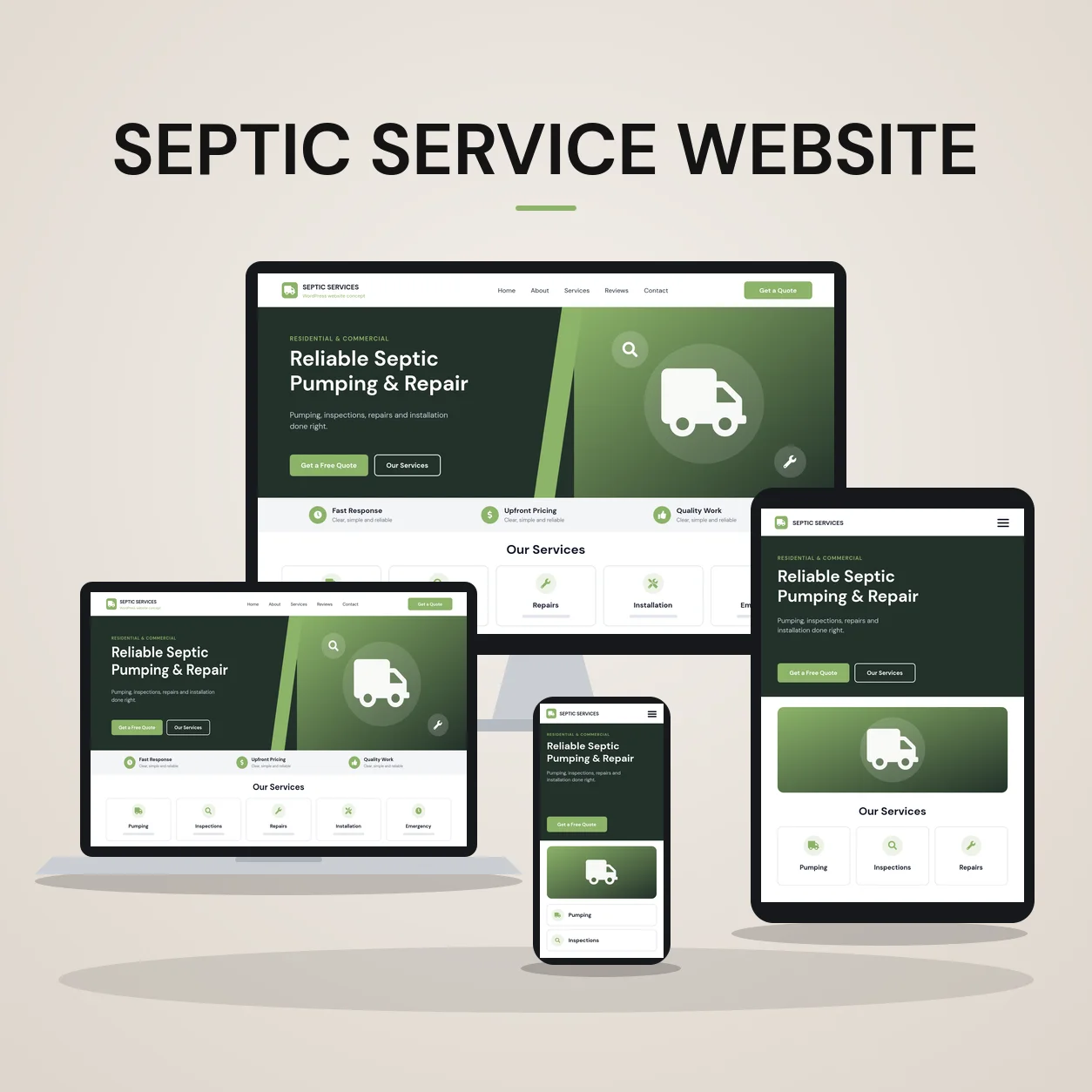 Concept mockup of a septic service website shown on desktop, laptop, tablet and phone