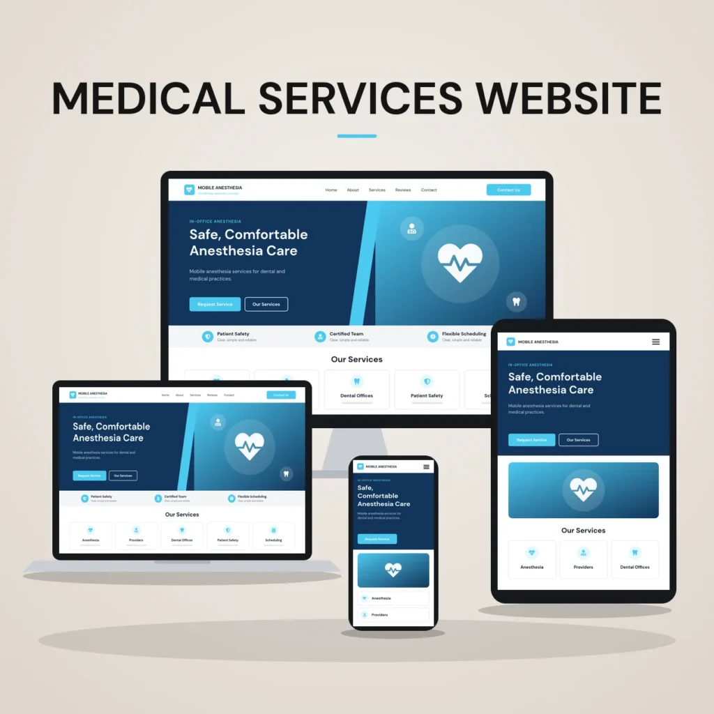Concept mockup of a medical services website shown on desktop, laptop, tablet and phone