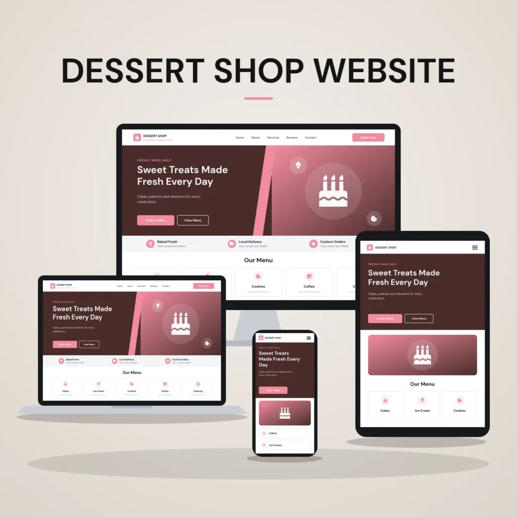 Concept mockup of a dessert shop website shown on desktop, laptop, tablet and phone