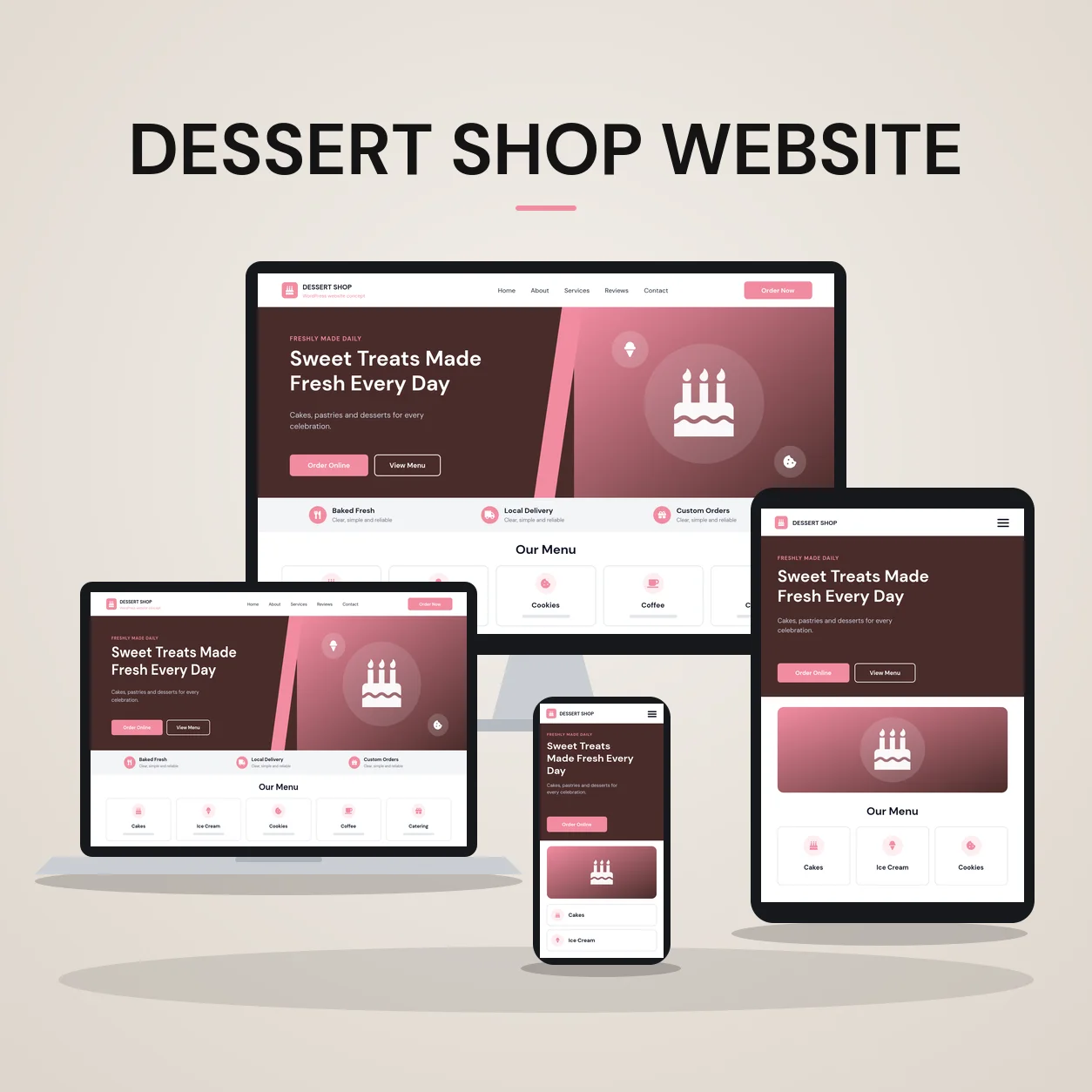 Concept mockup of a dessert shop website shown on desktop, laptop, tablet and phone