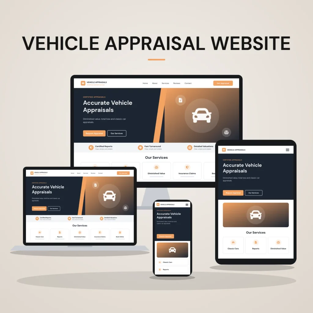 Concept mockup of a vehicle appraisal website shown on desktop, laptop, tablet and phone