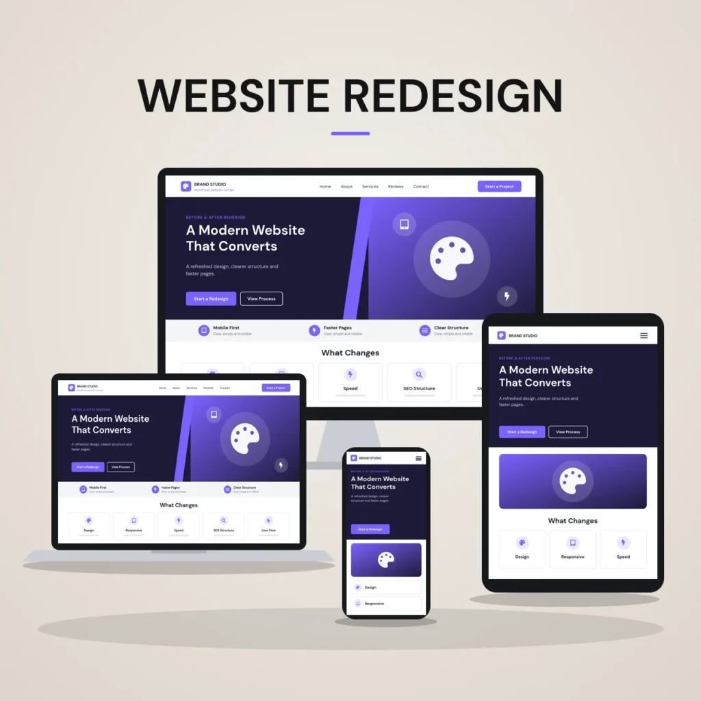 Concept mockup of a website redesign shown on desktop, laptop, tablet and phone
